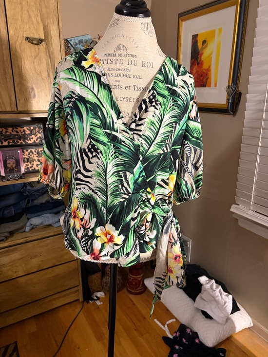 New York & Company Tops - NY & Co. Tropical Wrap Front Blouse with Green Leaf Print - Medium